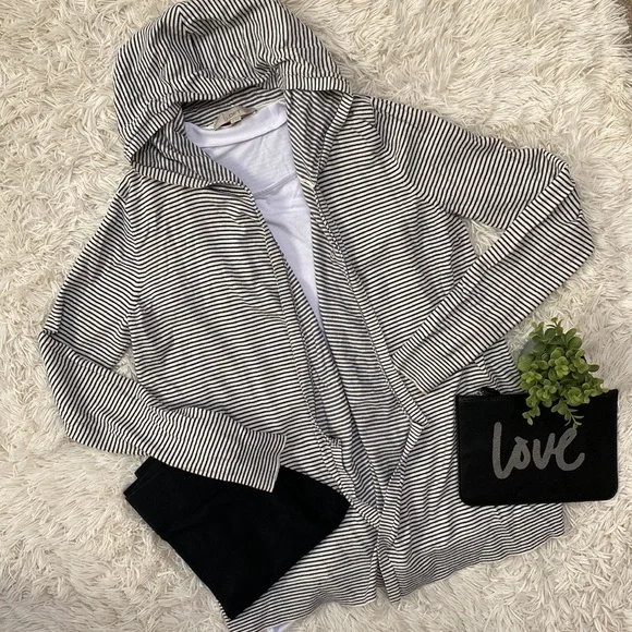 Loft Open Hooded Striped Cardigan 💗 White & Black - Picture 3 of 16